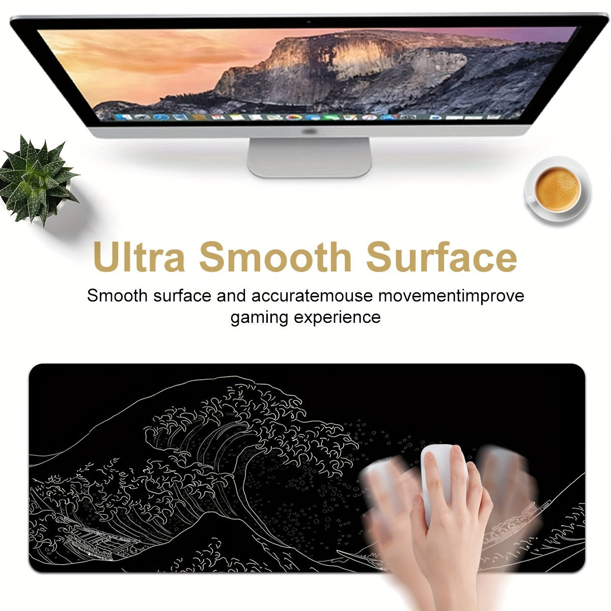 Black And White Japanese Waves Sea 35.4x15.7 Mousepad