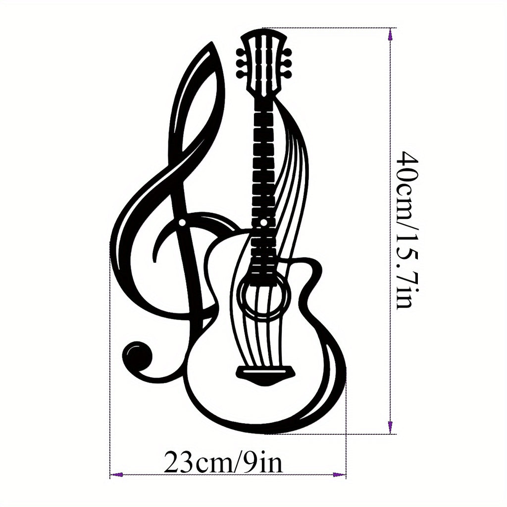 1pc Metal Wall Art Decor - Black Musical Treble Clef & Guitar