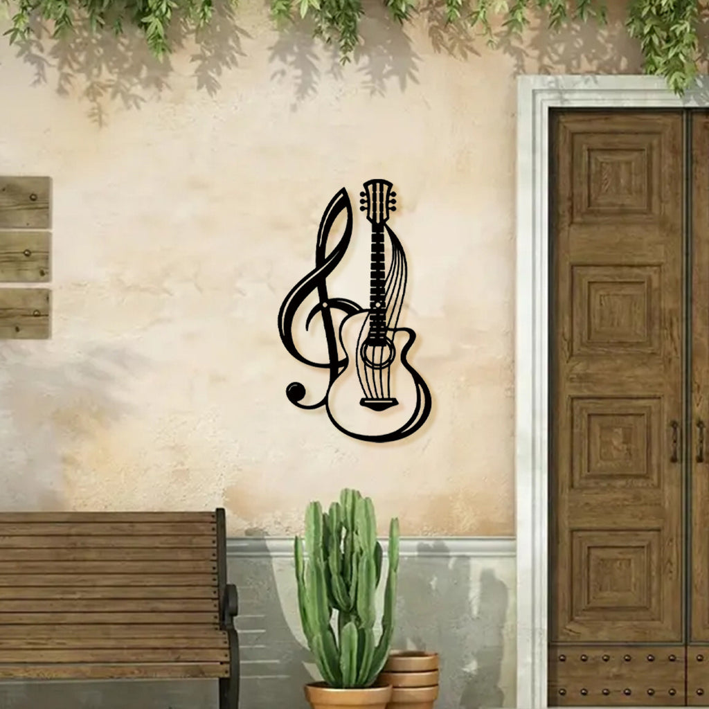 1pc Metal Wall Art Decor - Black Musical Treble Clef & Guitar