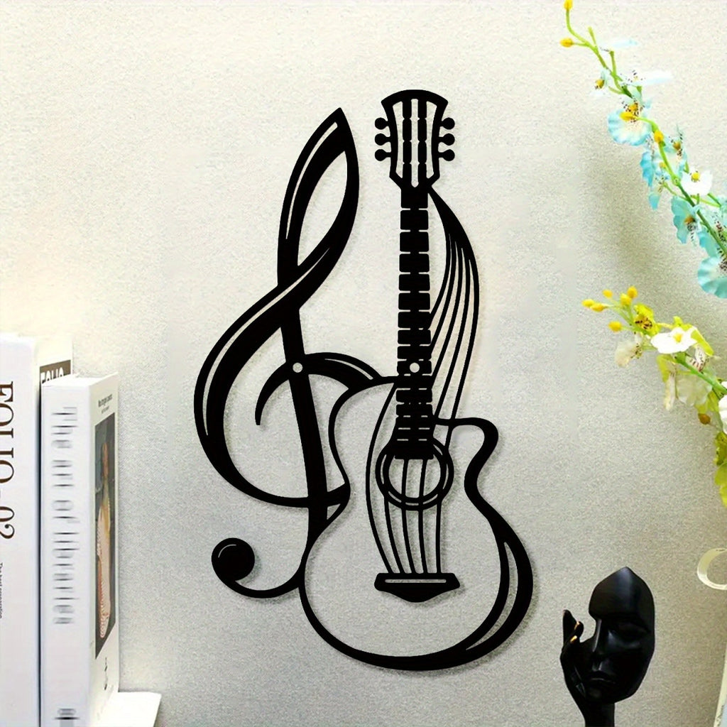 1pc Metal Wall Art Decor - Black Musical Treble Clef & Guitar