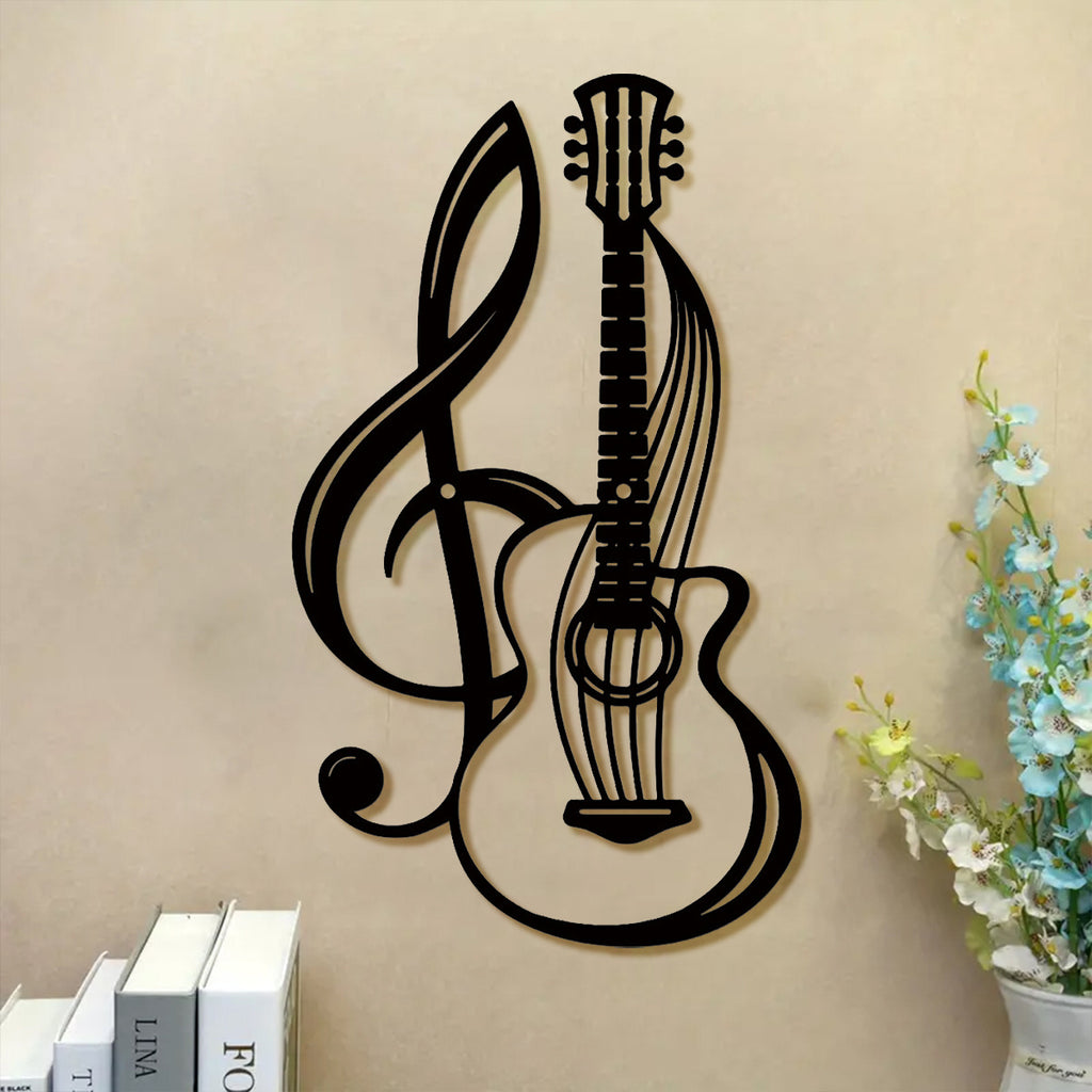 1pc Metal Wall Art Decor - Black Musical Treble Clef & Guitar