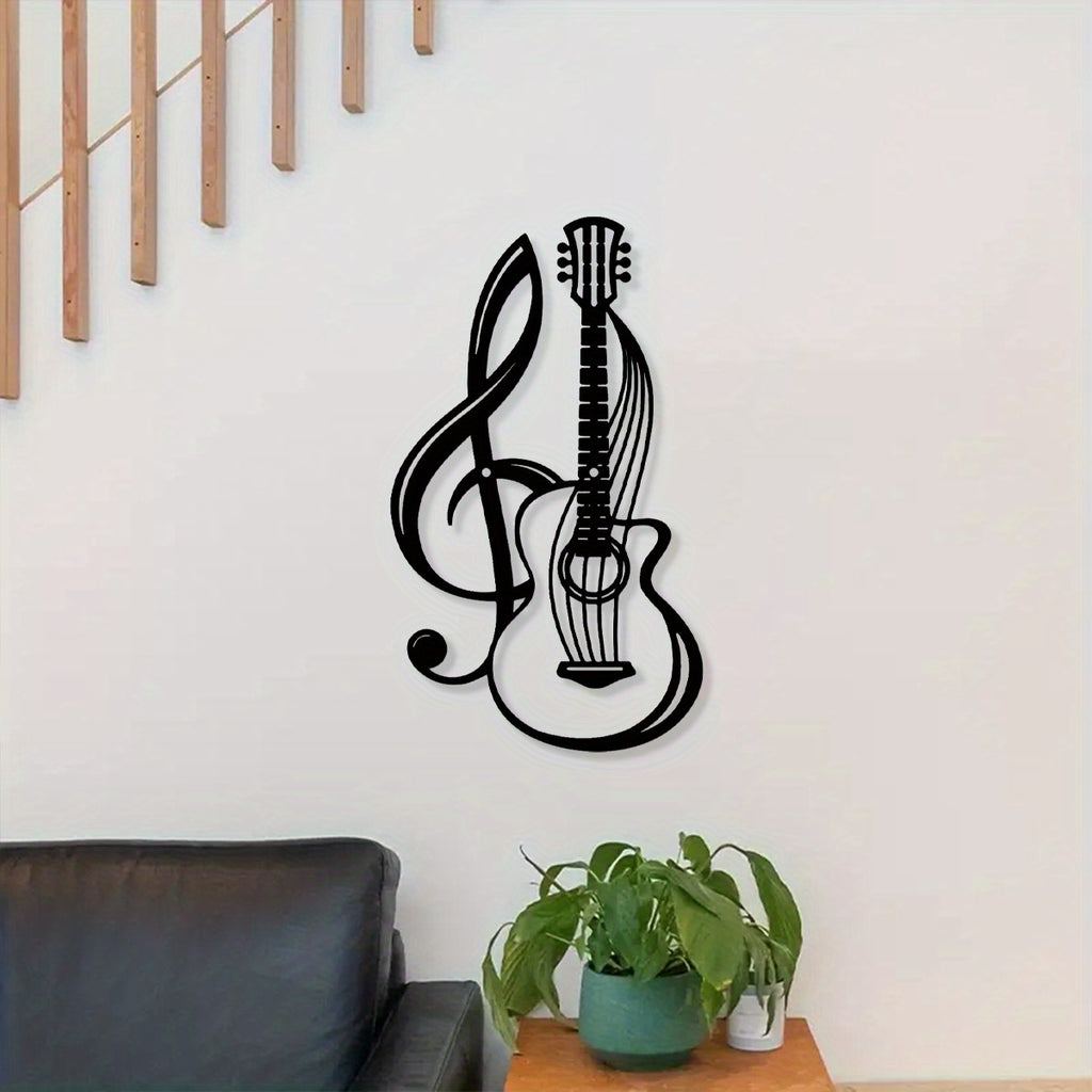 1pc Metal Wall Art Decor - Black Musical Treble Clef & Guitar