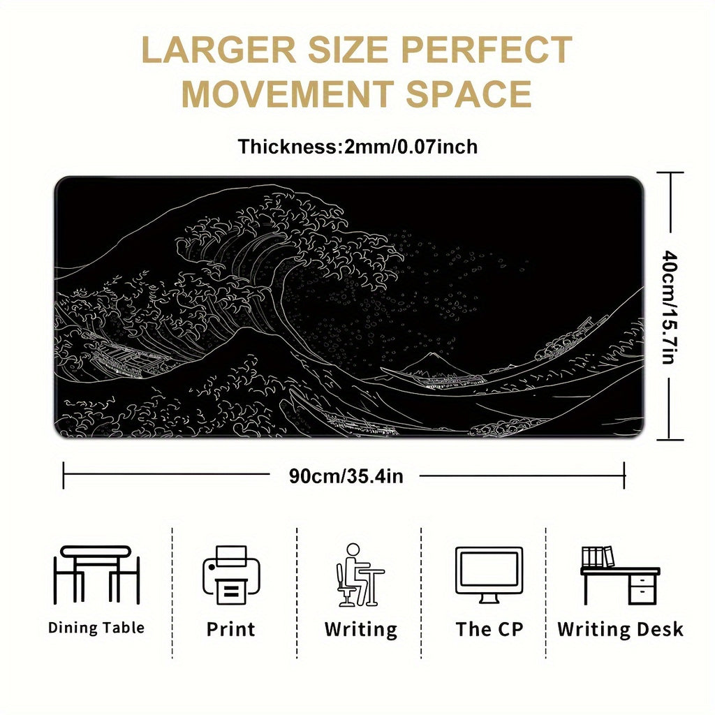 Black And White Japanese Waves Sea 35.4x15.7 Mousepad