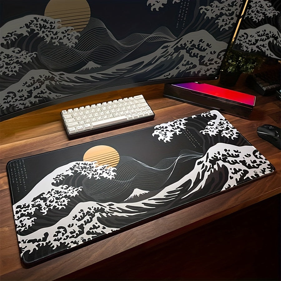 Large Extended Gaming Mouse Pad with Black Waves Design – Non-Slip Rubber Base