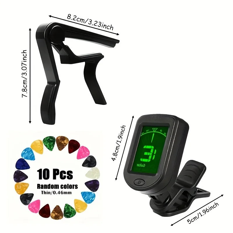 Guitar Capo, Tuner, 10 picks (Random) And Pick Holder