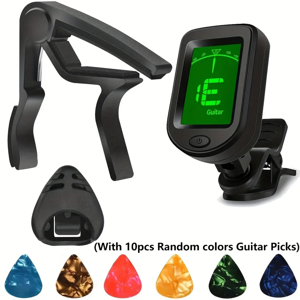 Guitar Capo, Tuner, 10 picks (Random) And Pick Holder