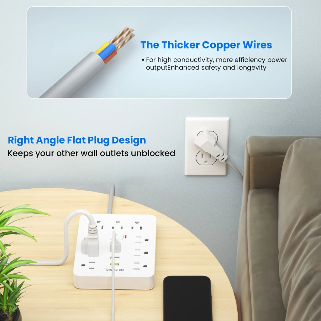 Power Outlet with Surge Protector, 9 sockets 3 USB Ports,5ft Extension Cord