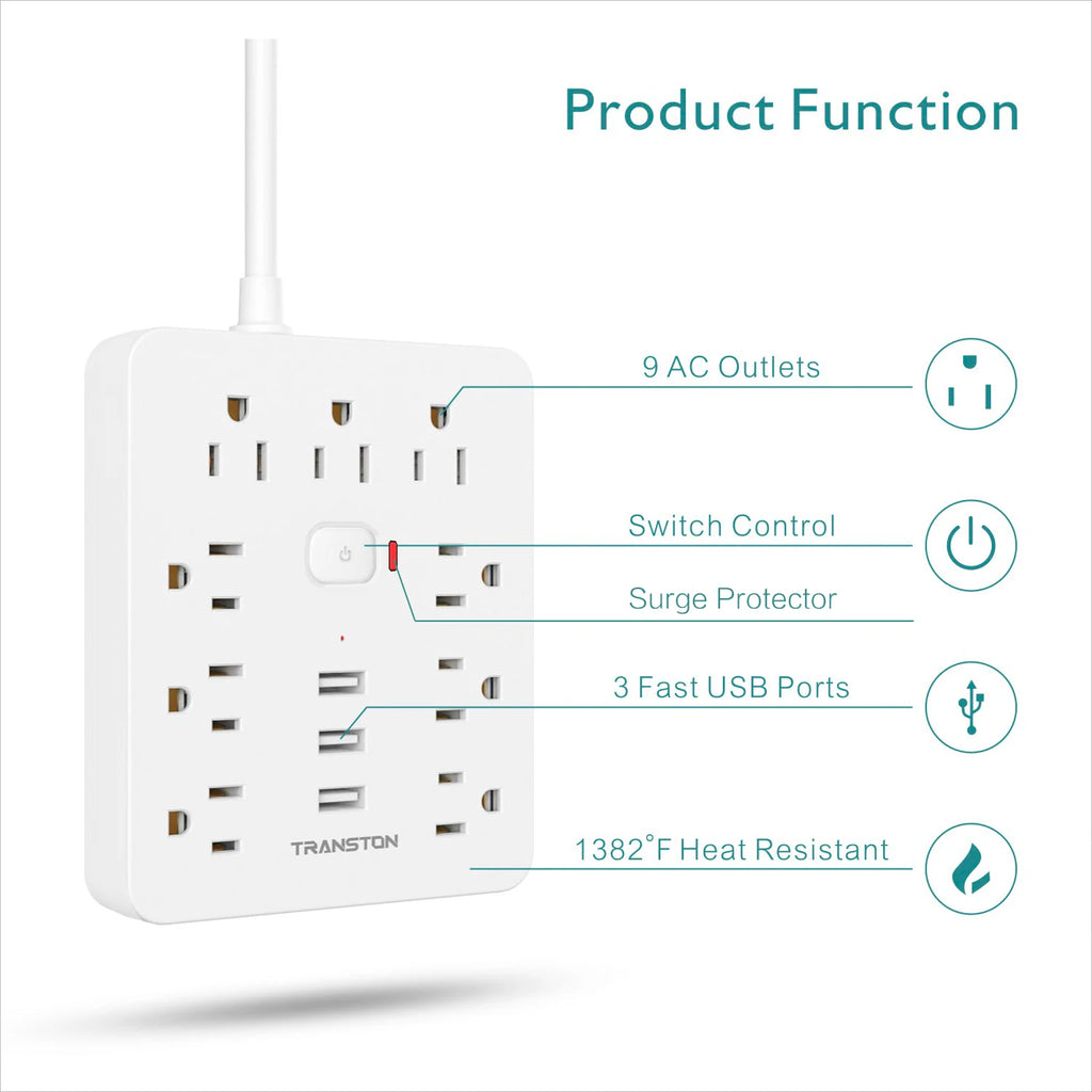 Power Outlet with Surge Protector, 9 sockets 3 USB Ports,5ft Extension Cord