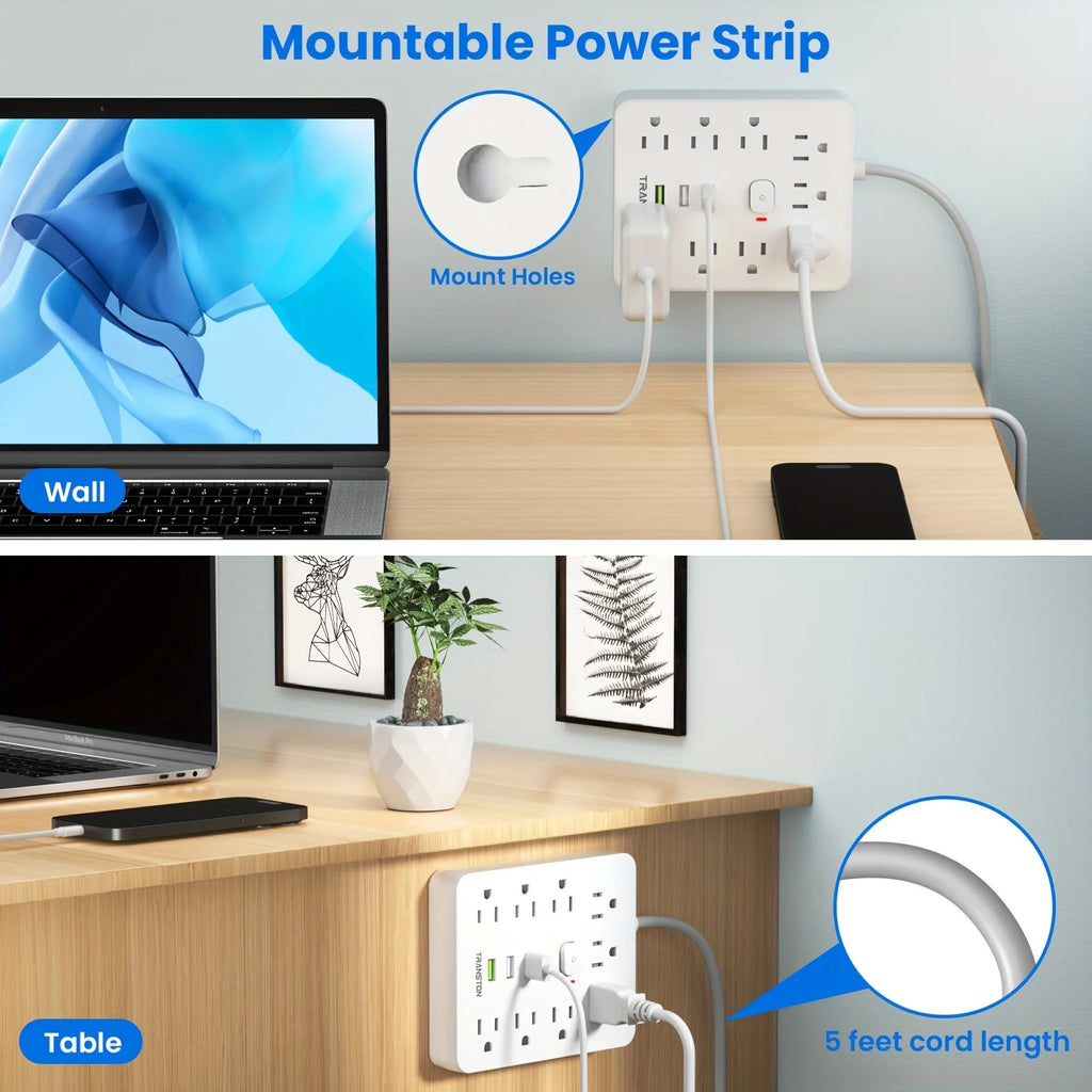 Power Outlet with Surge Protector, 9 sockets 3 USB Ports,5ft Extension Cord