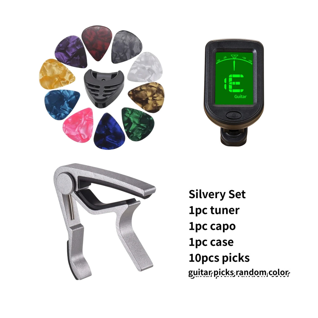 Guitar Capo, Tuner, 10 picks (Random) And Pick Holder