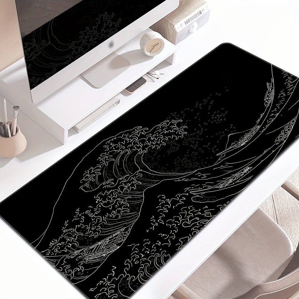 Black And White Japanese Waves Sea 35.4x15.7 Mousepad