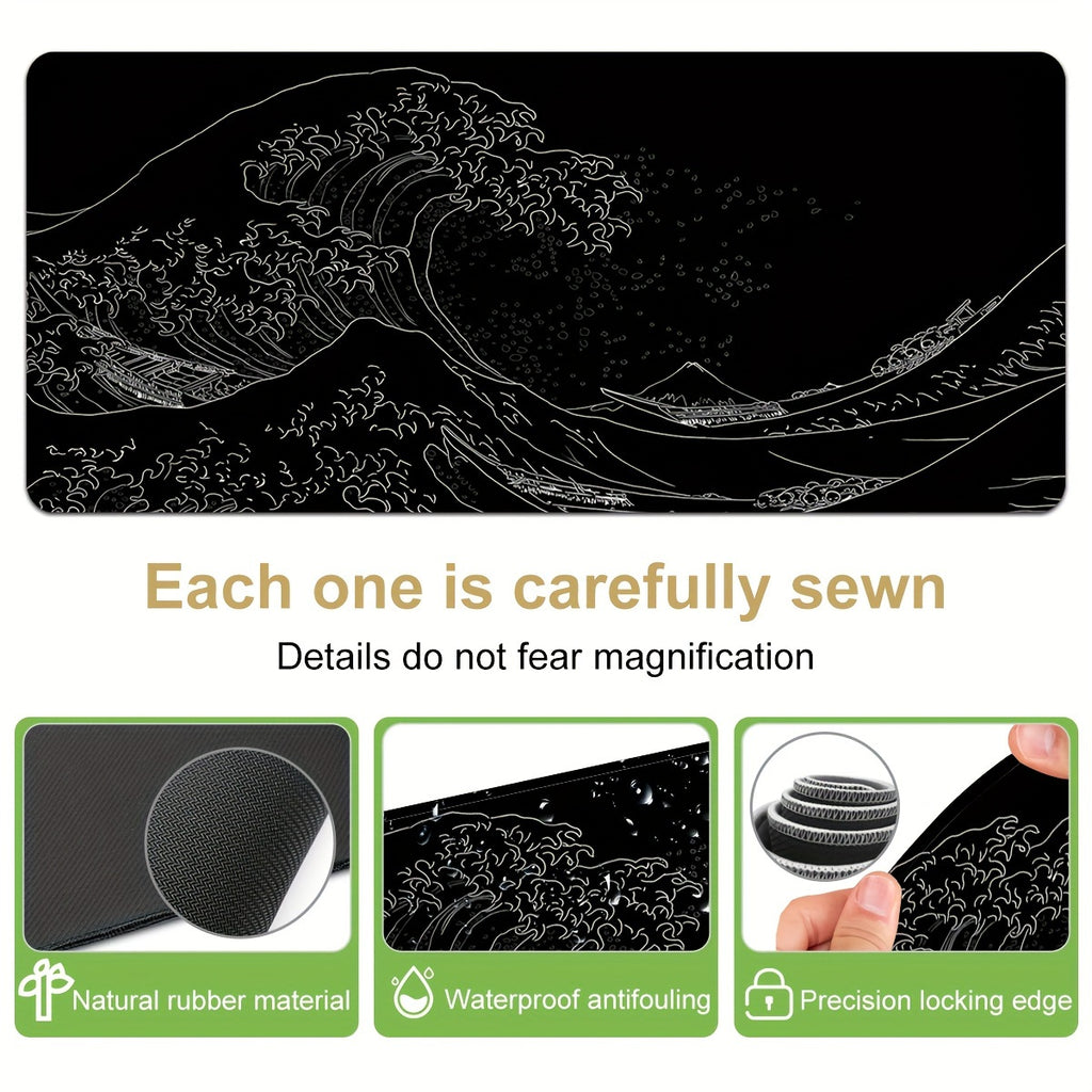 Black And White Japanese Waves Sea 35.4x15.7 Mousepad