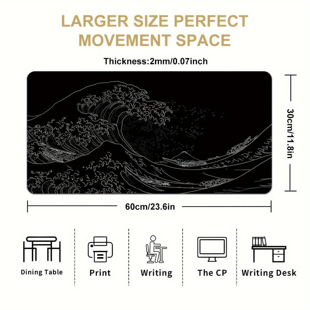 Black And White Japanese Waves Sea 35.4x15.7 Mousepad