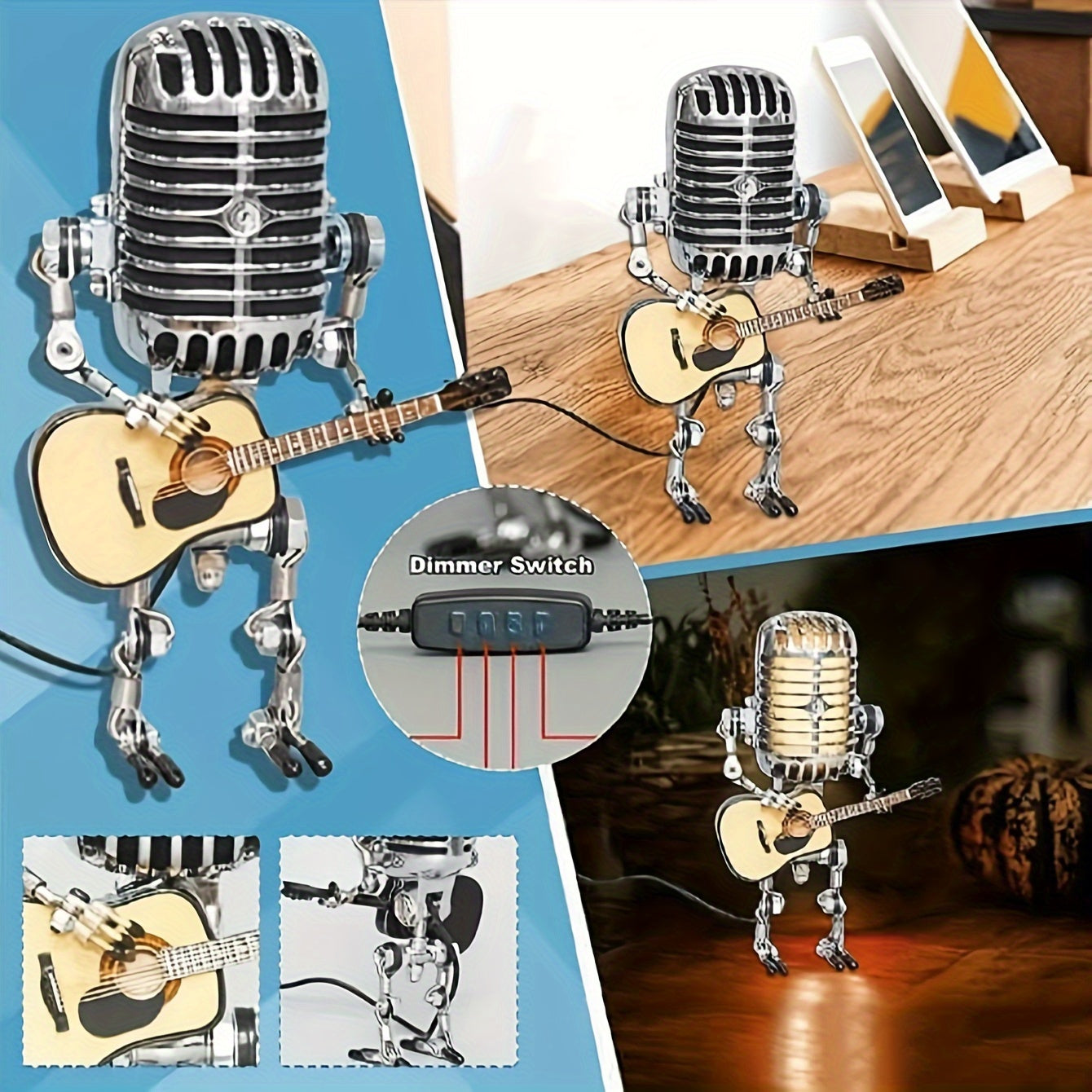 Vintage Microphone Robot Lamp with Guitar - USB Powered