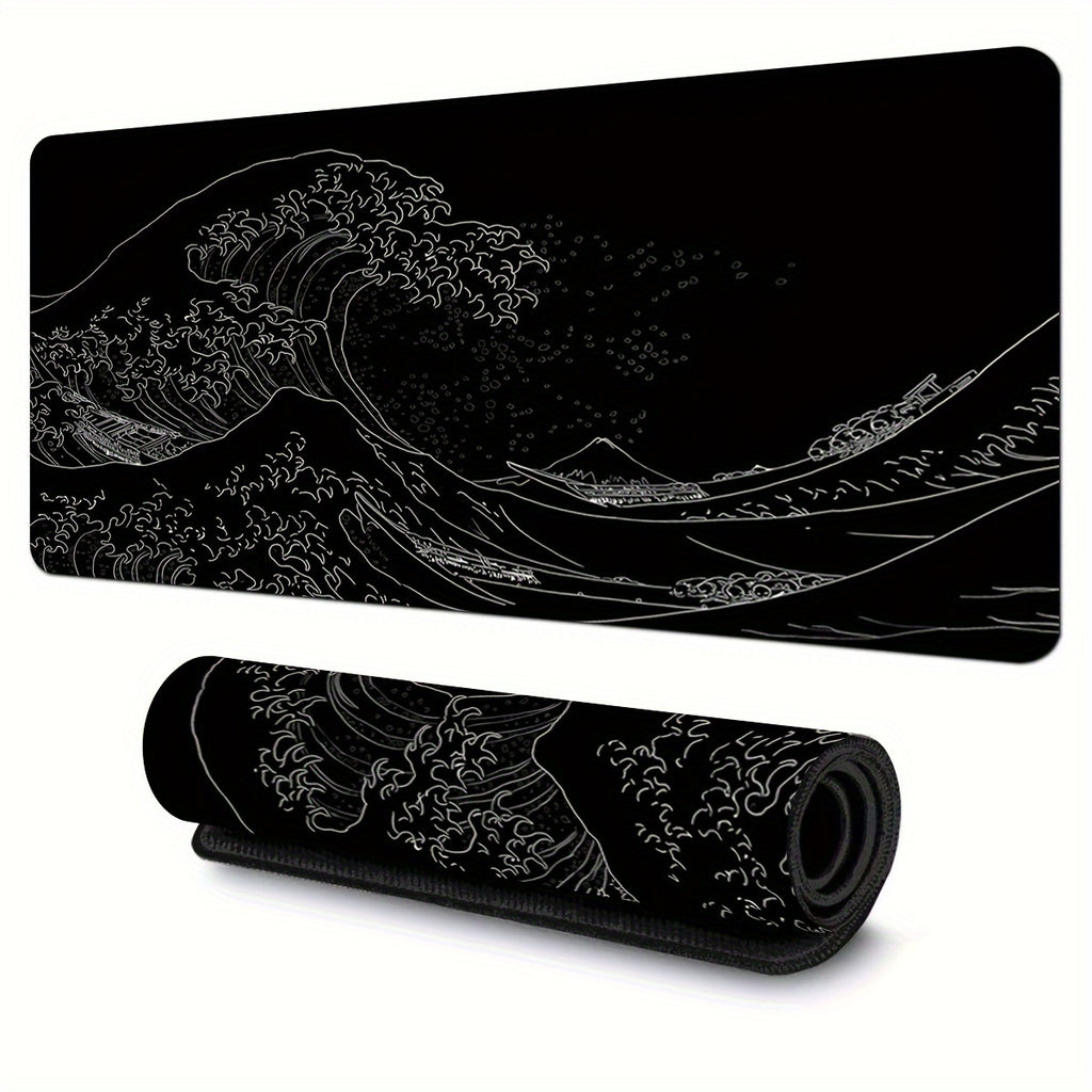 Black And White Japanese Waves Sea 35.4x15.7 Mousepad